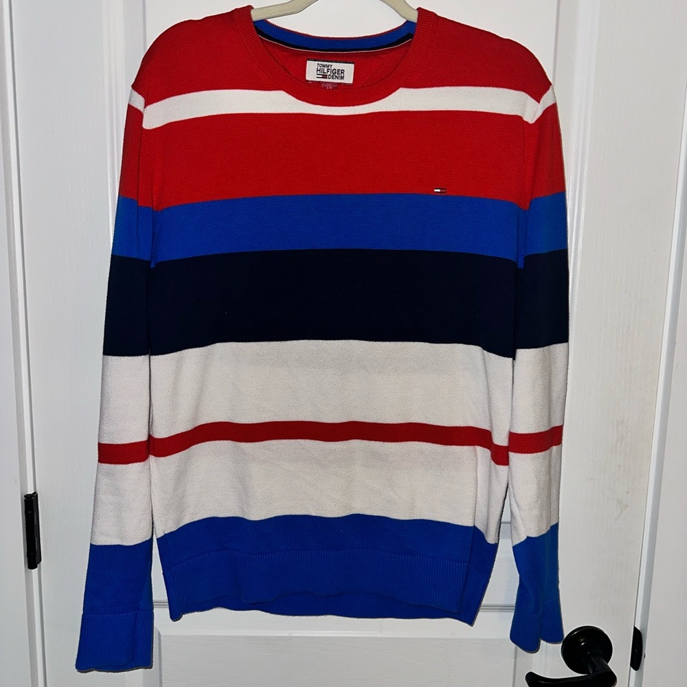 Tommy Hilfiger Red, Blue, and White Striped Sweater